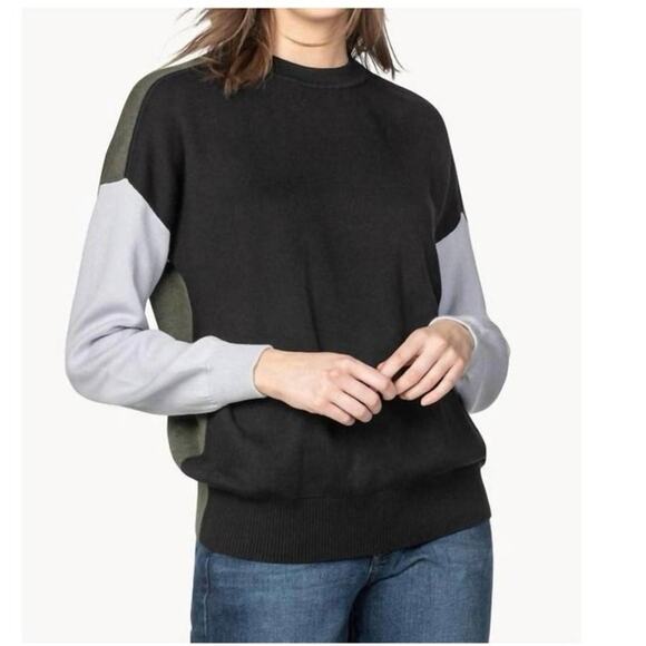 Lilla P Colorblock Knit Sweater Black Olive Gray Long Sleeve Sz S Cotton Modal - Picture 3 of 9